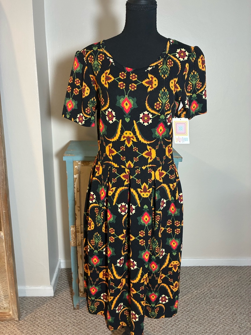 LuLaRoe Black “Amelia” Midi Dress with Yellow & Red Accents